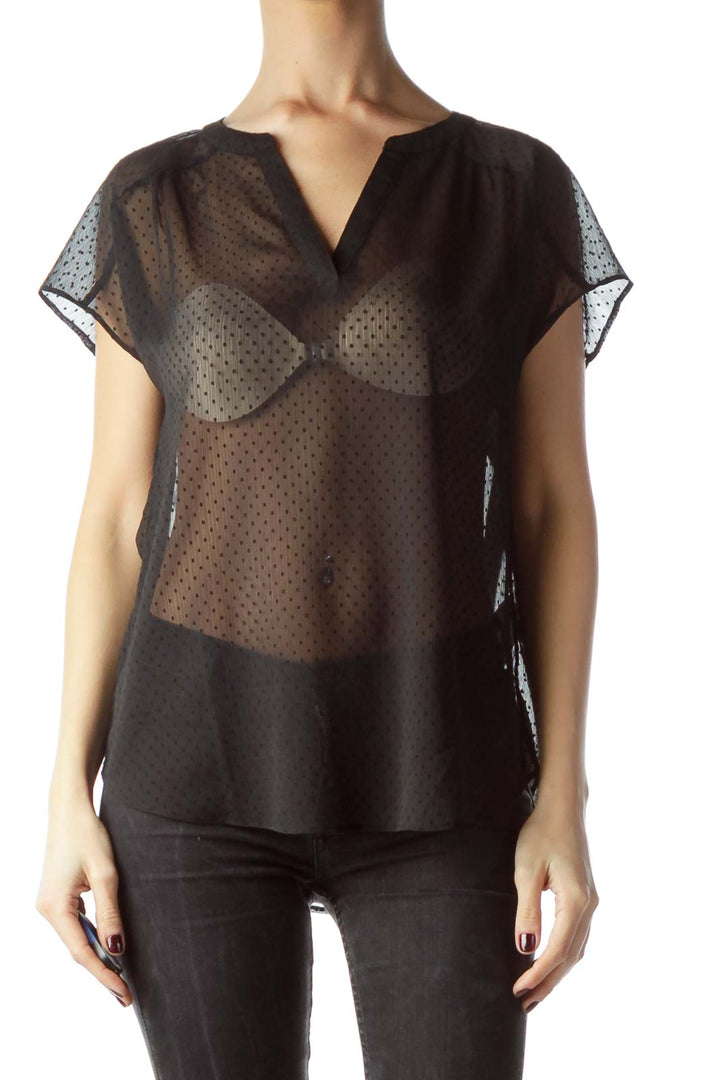 Black See-Through Jacquard Short-Sleeve Blouse