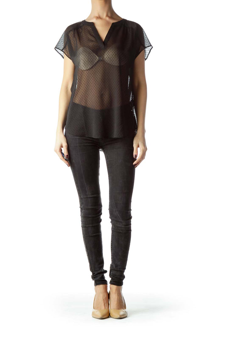 Black See-Through Jacquard Short-Sleeve Blouse