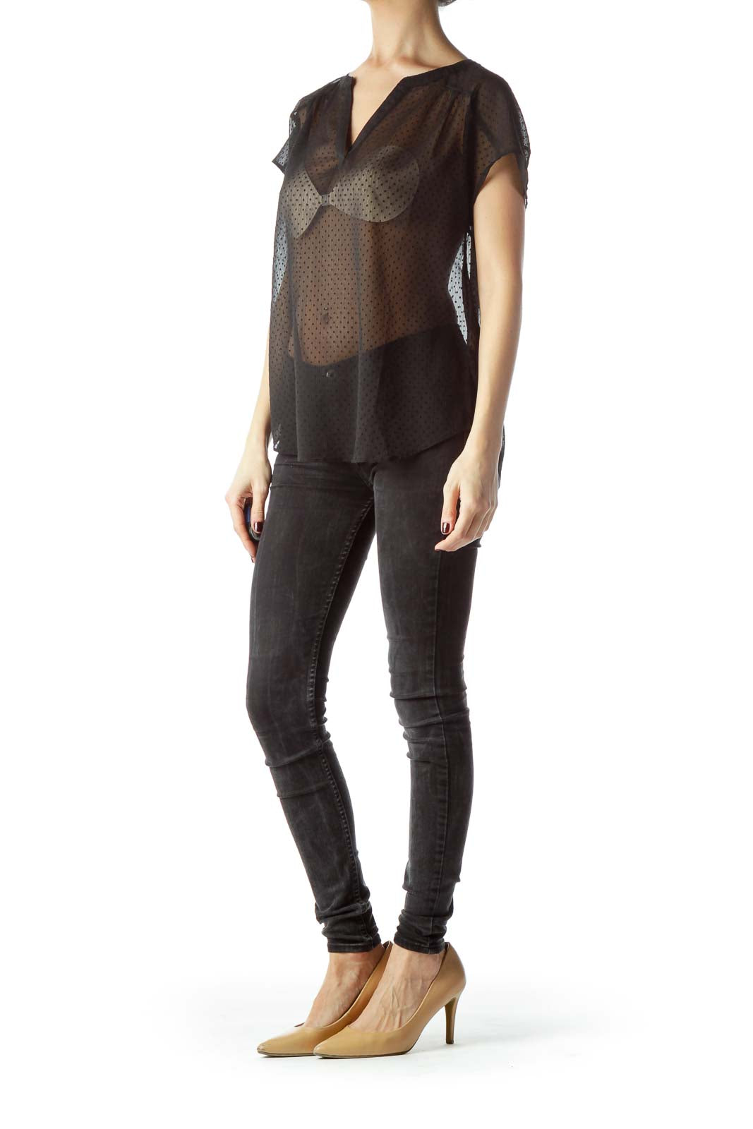 Black See-Through Jacquard Short-Sleeve Blouse