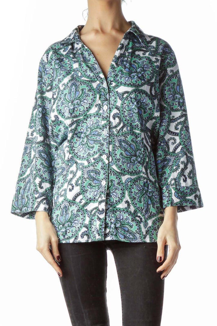 Blue Green White Paisleys Print Shirt