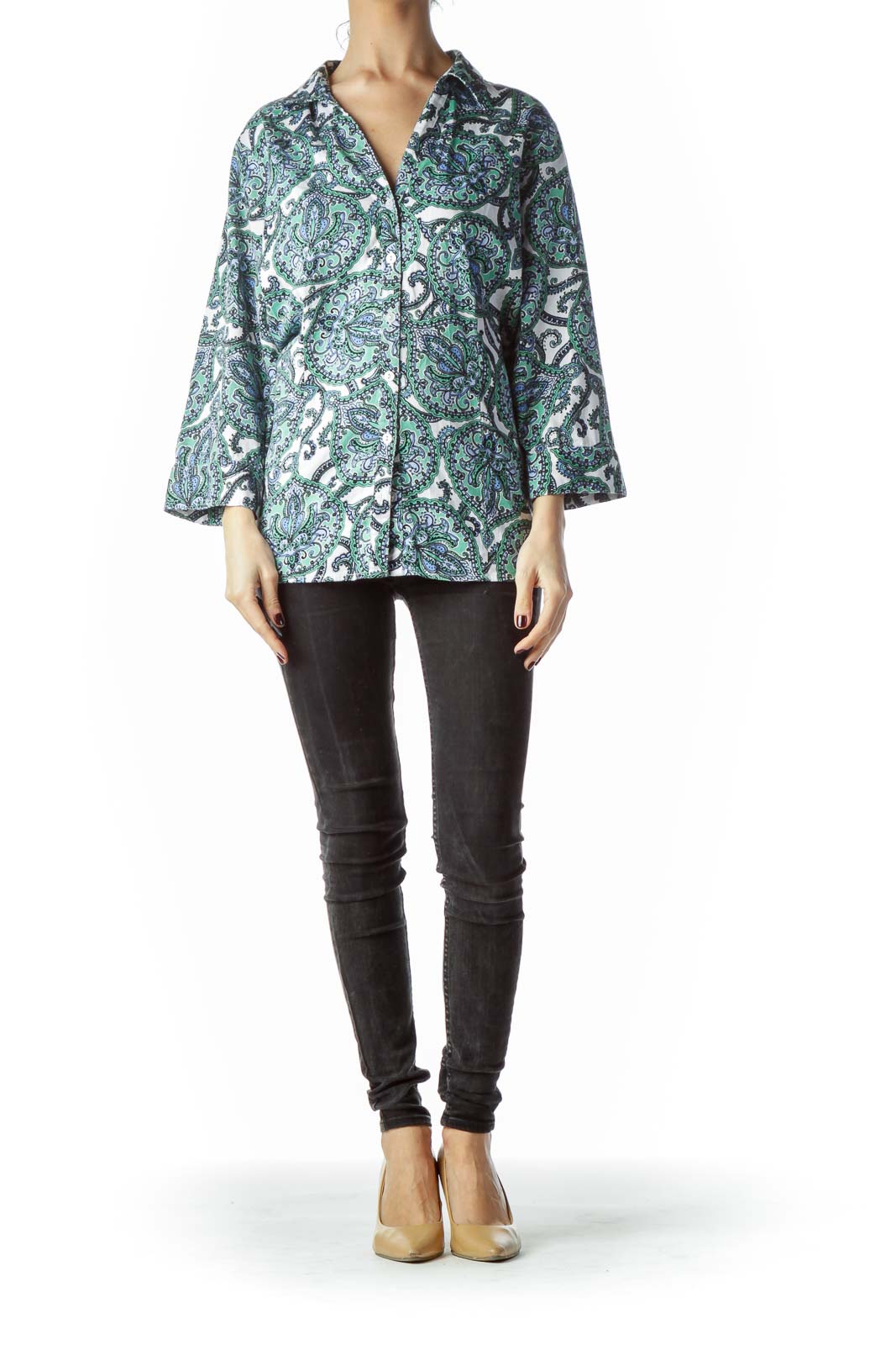 Blue Green White Paisleys Print Shirt