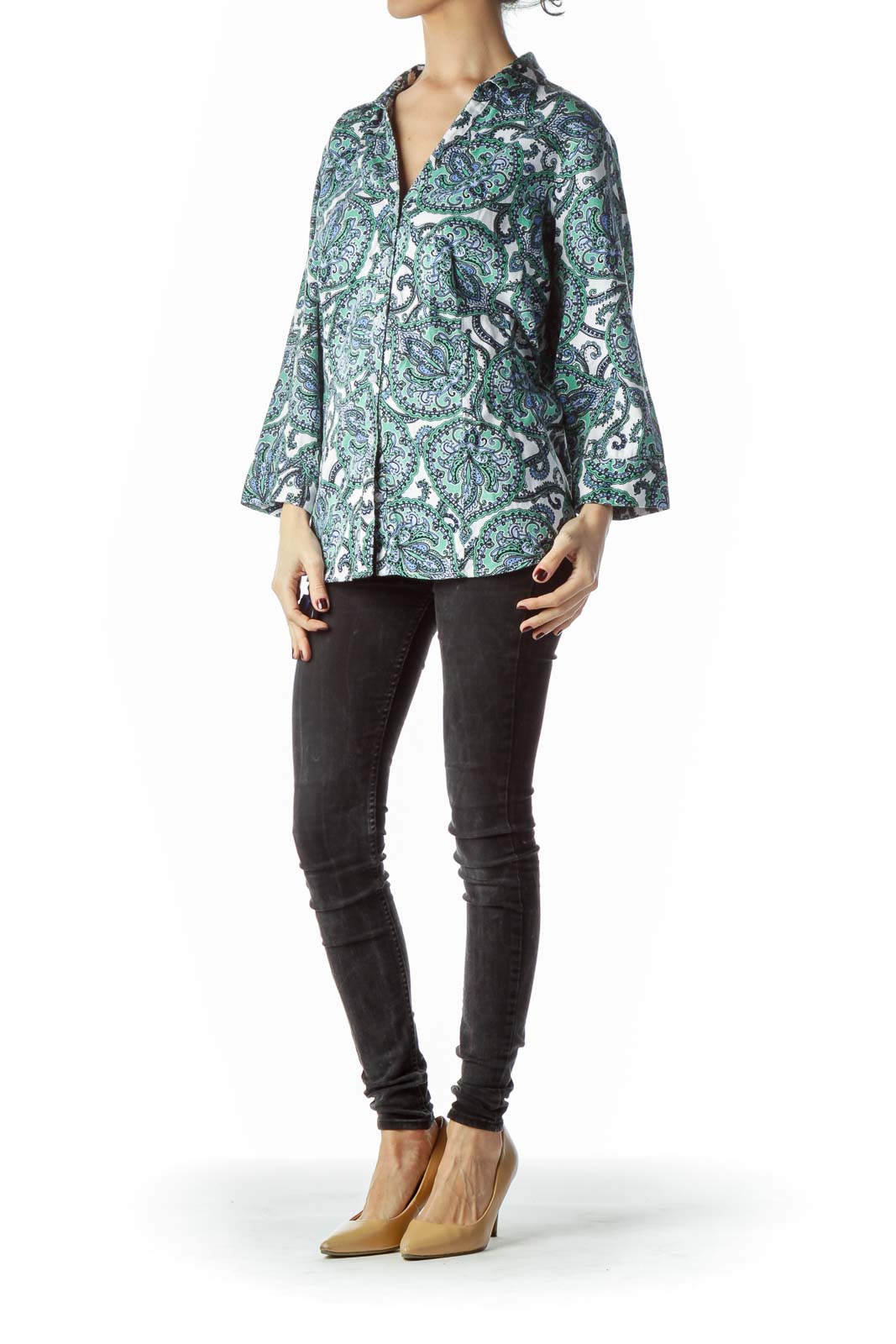 Blue Green White Paisleys Print Shirt