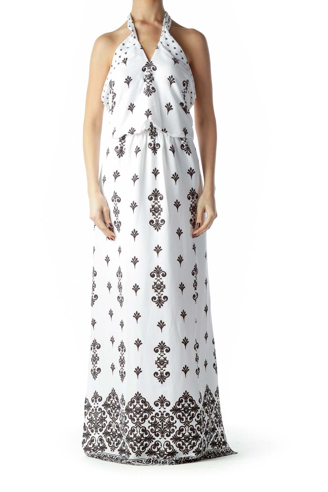 Black White Print Halter Neck Maxi Dress