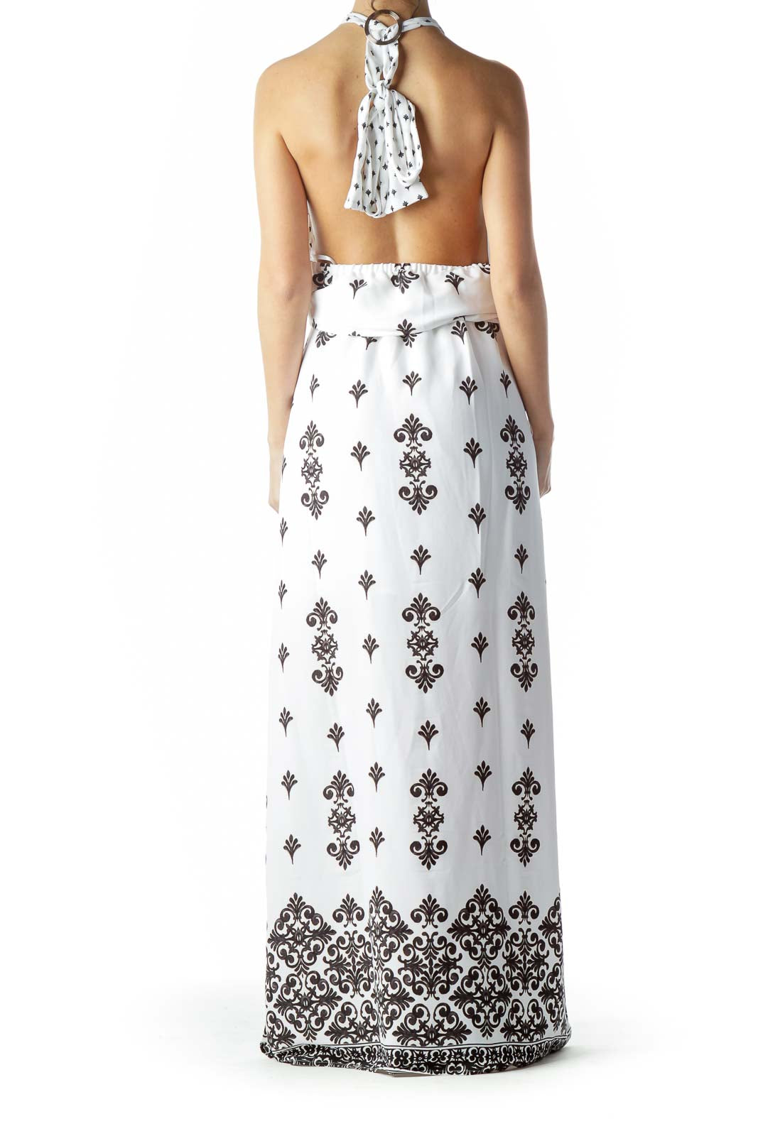 Black White Print Halter Neck Maxi Dress