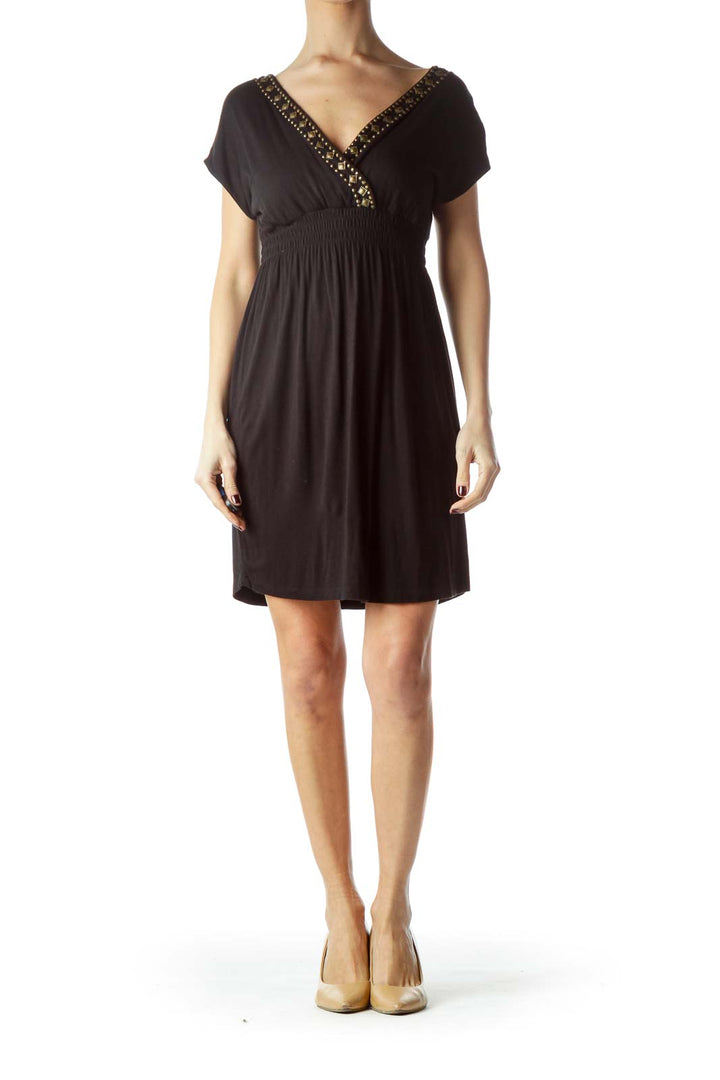 Black Neckline Embellished Stretch Dress