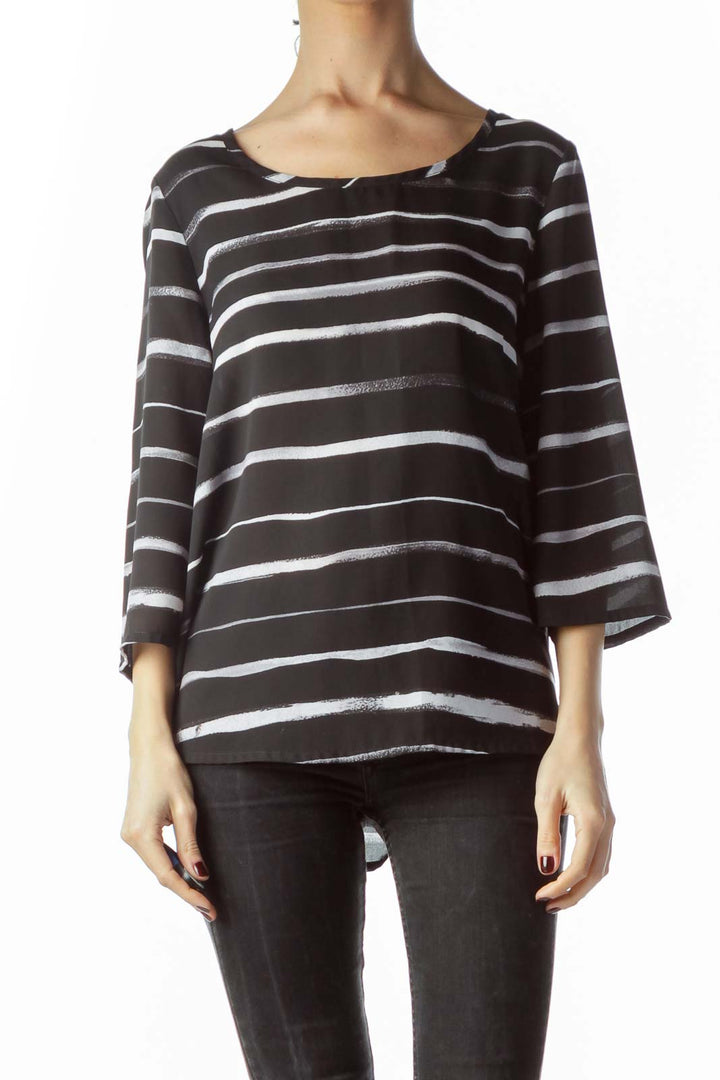 Black White Round Neck Striped Top