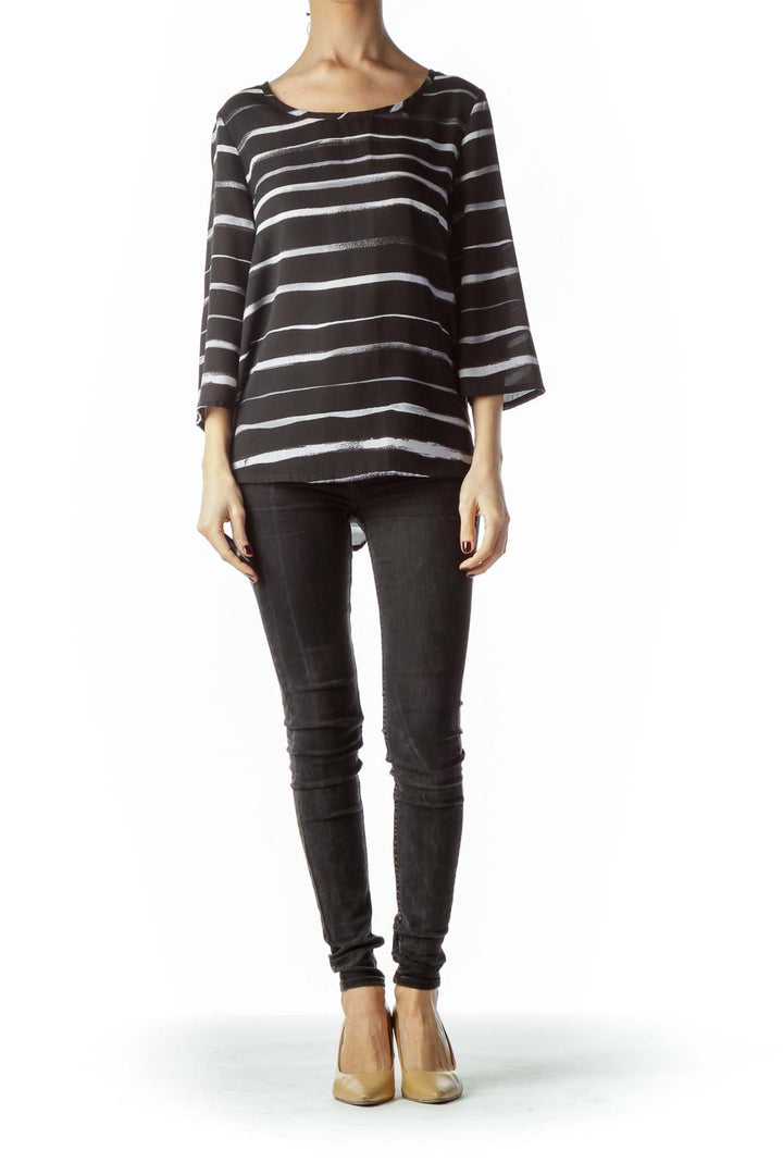 Black White Round Neck Striped Top