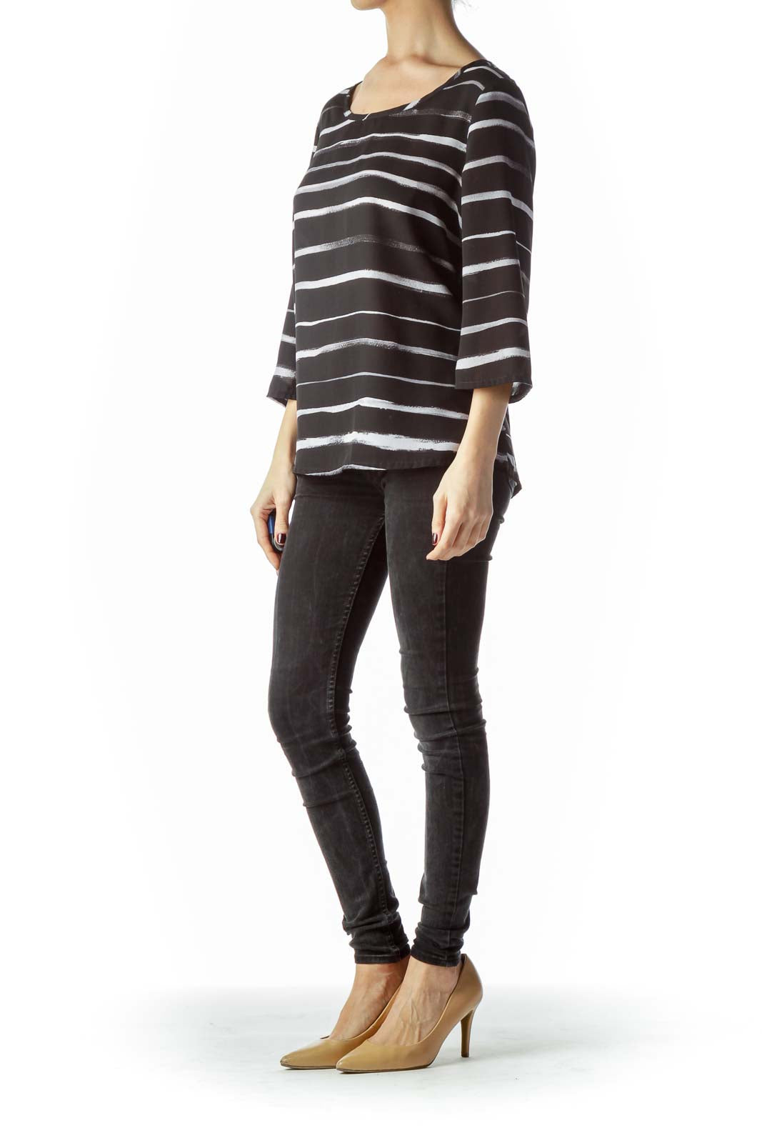 Black White Round Neck Striped Top