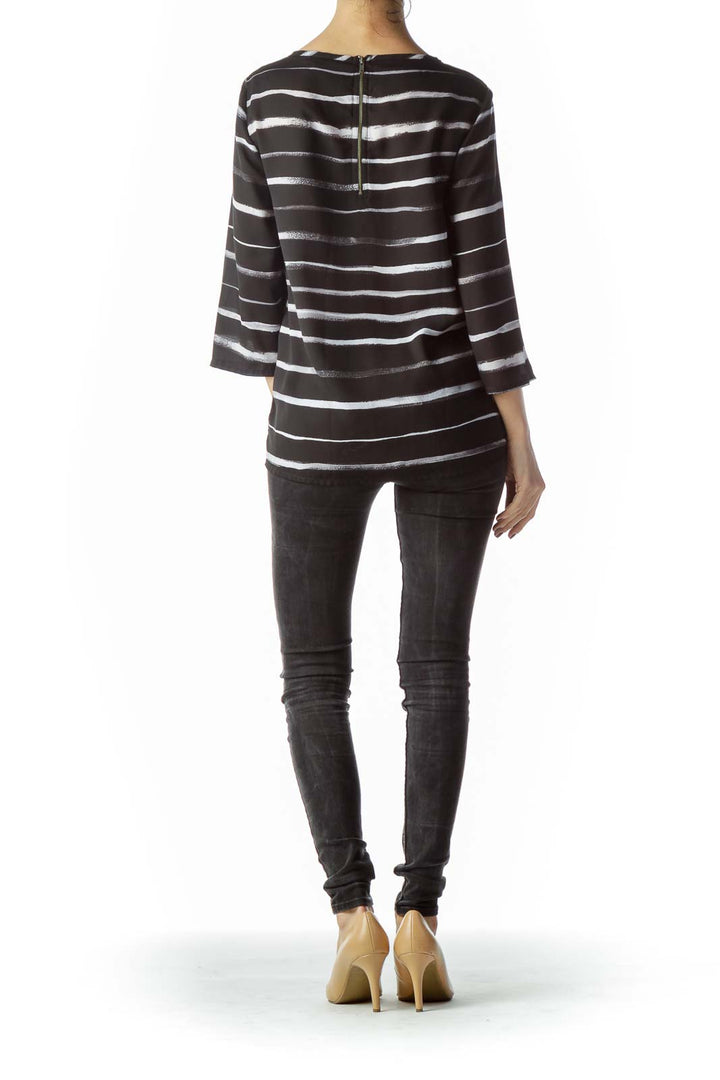 Black White Round Neck Striped Top