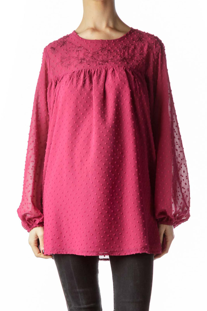 Magenta Pink Neckline Flower Embroidery Blouse