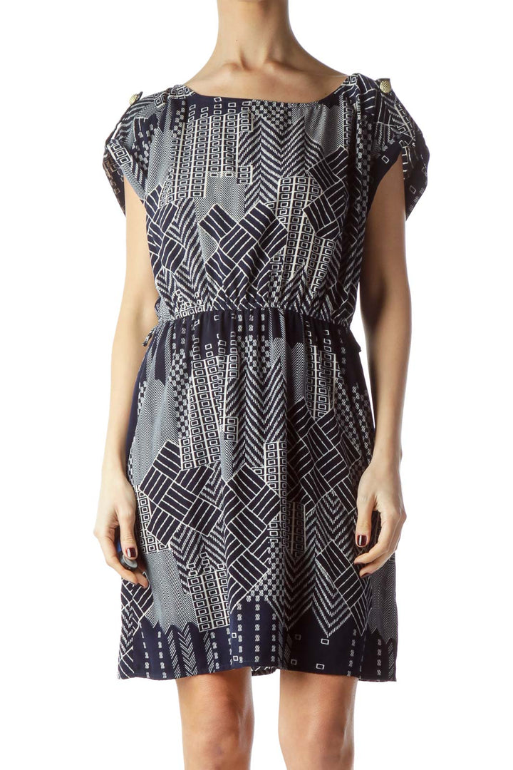 Blue Cream Print Cinched Waist Dress