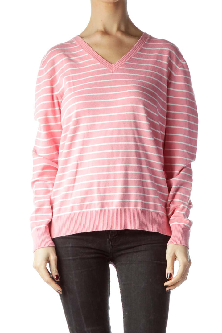 Pink White Striped V-Neck Sweater