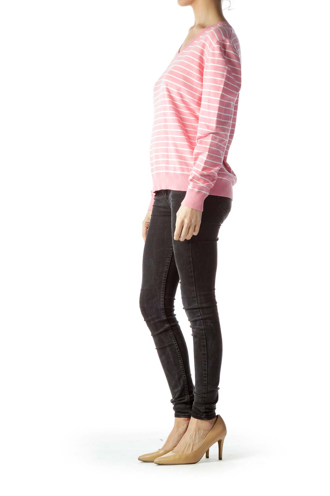 Pink White Striped V-Neck Sweater