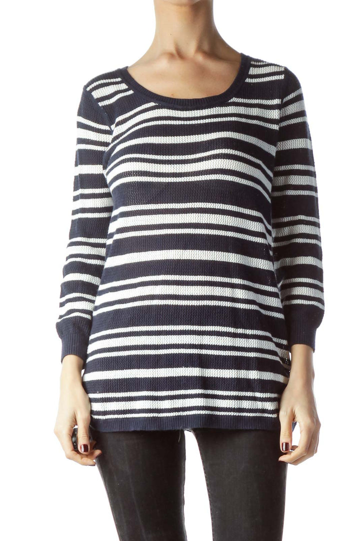 Navy Blue White Striped Stretch Sweater