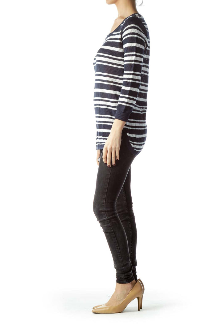 Navy Blue White Striped Stretch Sweater