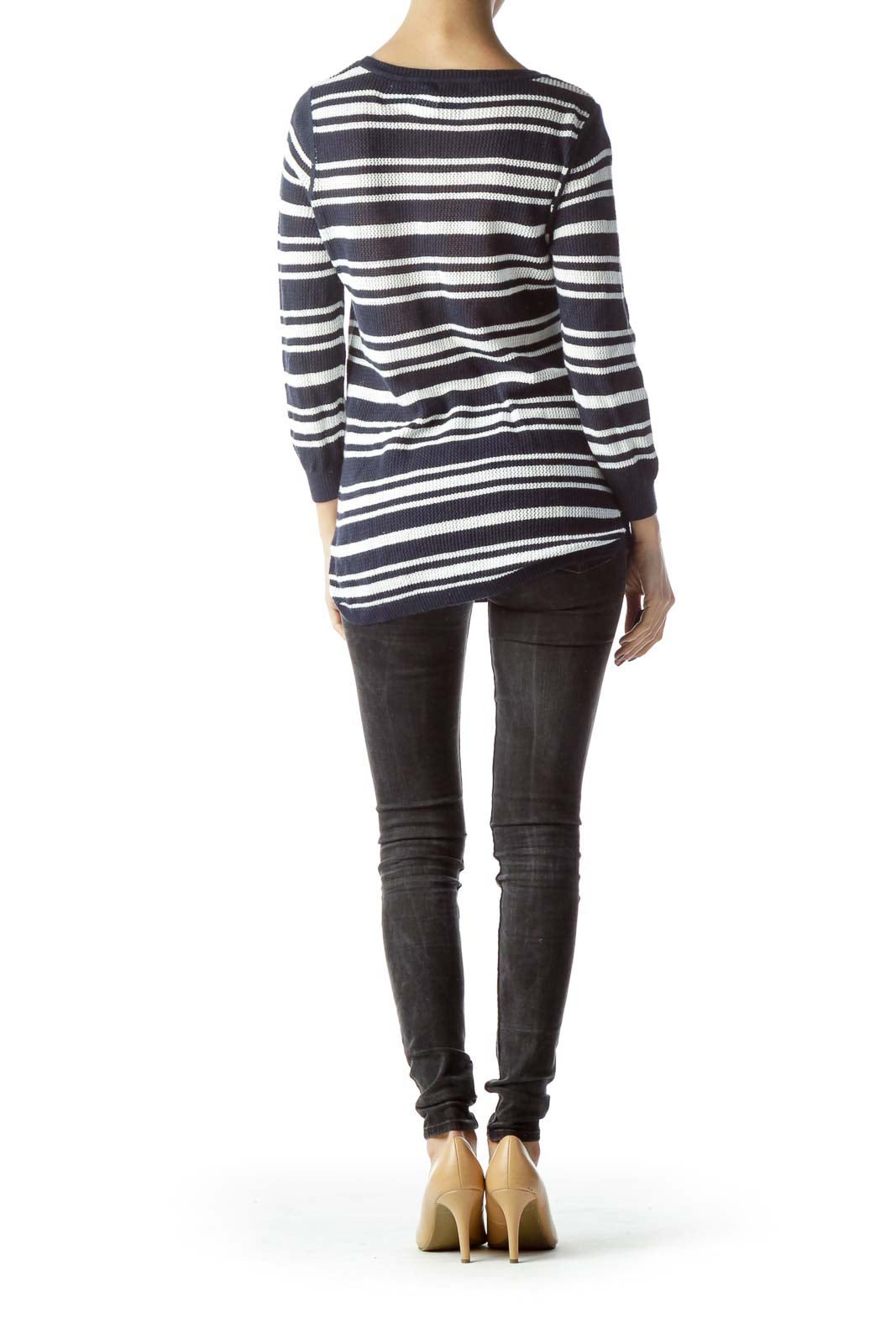 Navy Blue White Striped Stretch Sweater