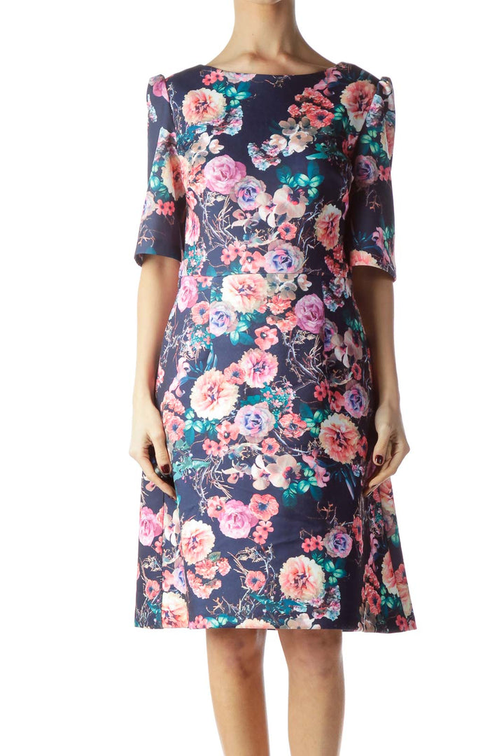 Navy Blue Multicolored Flower Print Dress