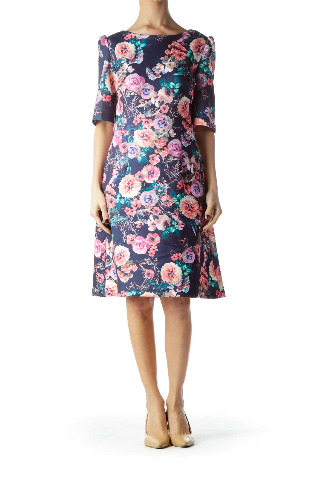 Navy Blue Multicolored Flower Print Dress