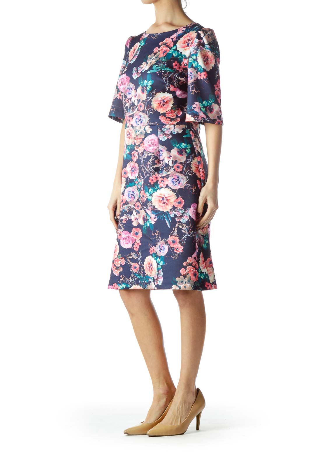 Navy Blue Multicolored Flower Print Dress