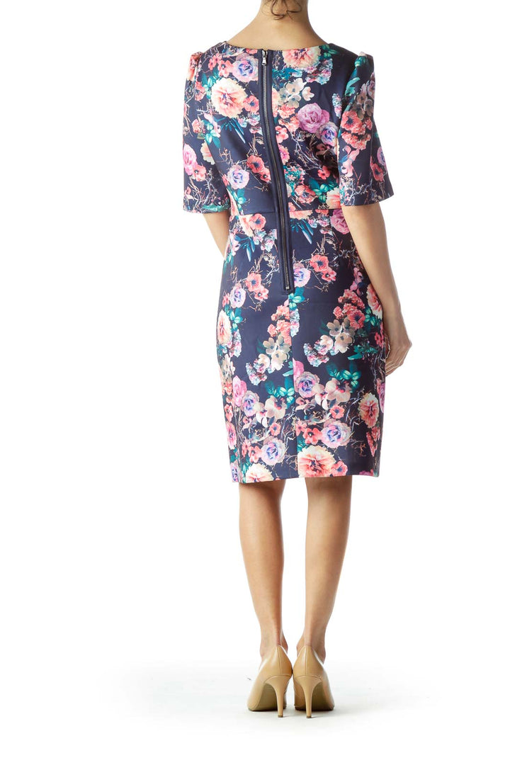 Navy Blue Multicolored Flower Print Dress