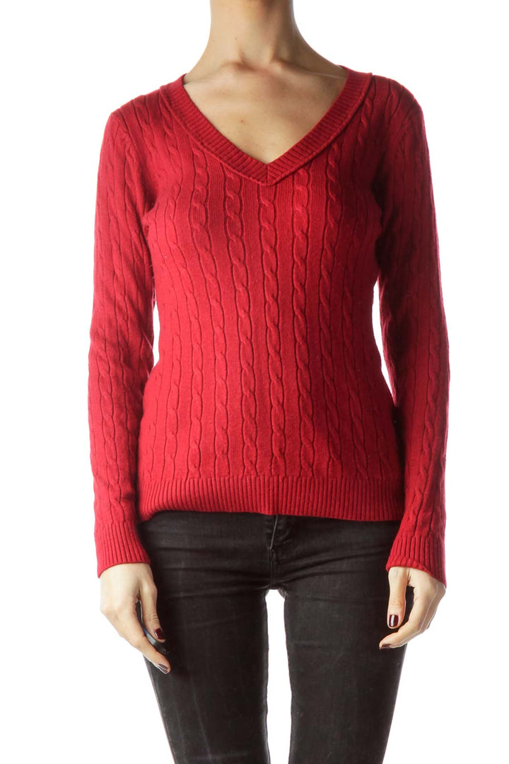 Red V-Neck Cable-Knit Stretch Sweater