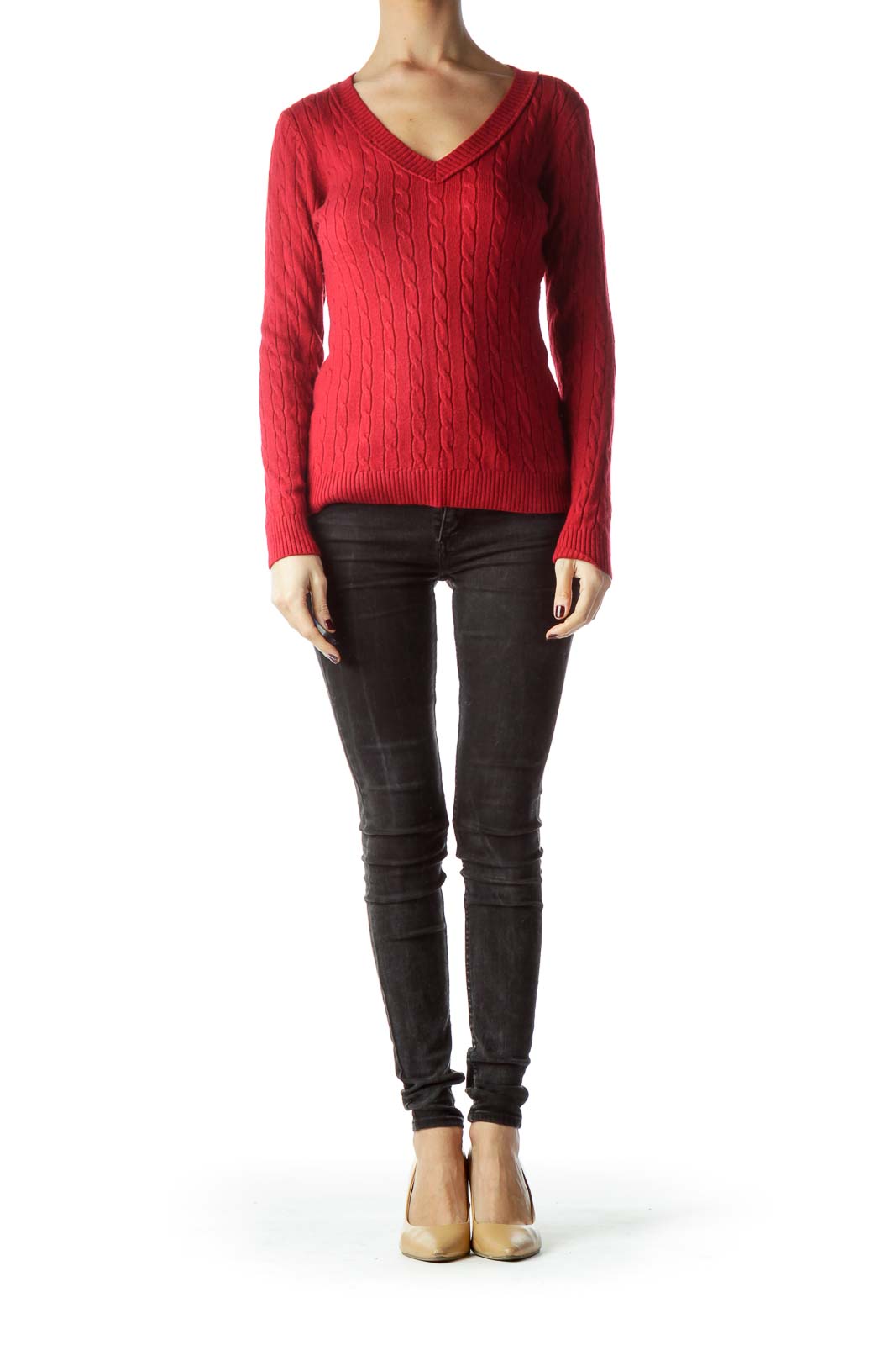 Red V-Neck Cable-Knit Stretch Sweater