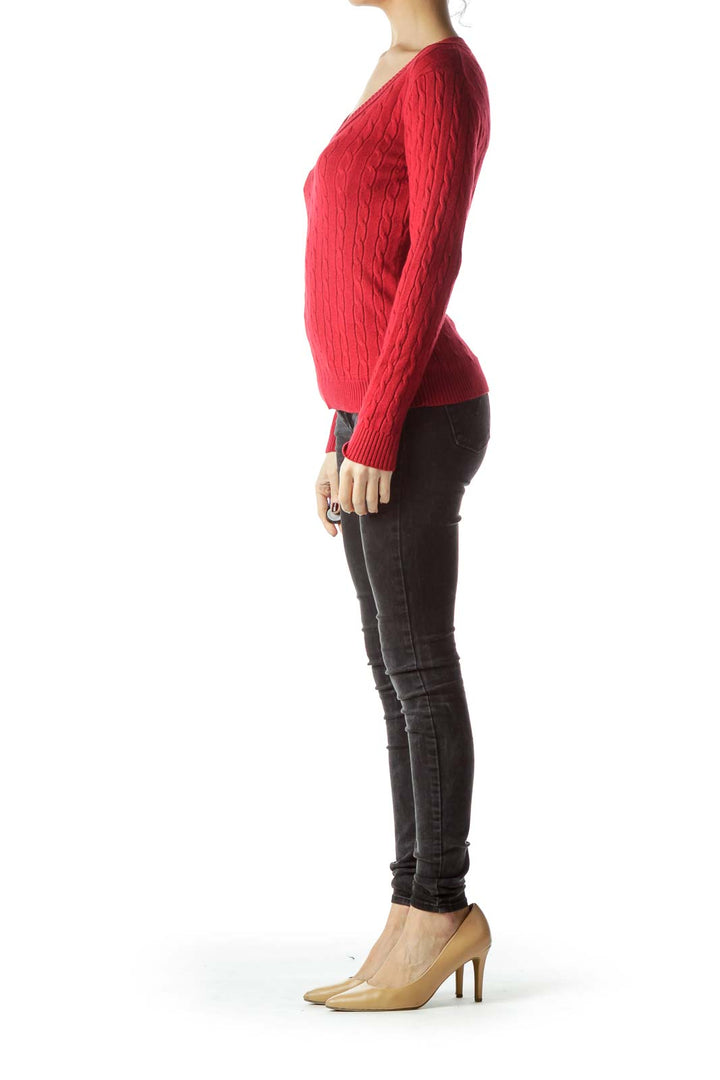 Red V-Neck Cable-Knit Stretch Sweater