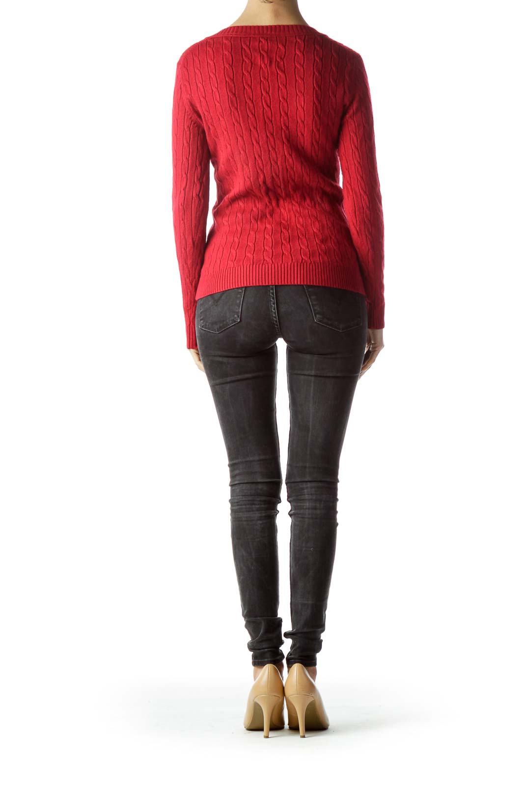 Red V-Neck Cable-Knit Stretch Sweater