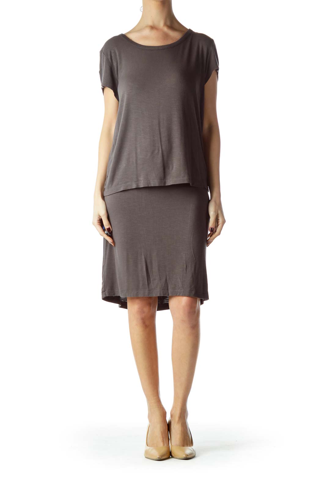 Gray Short Sleeve Layered Jersey Dress