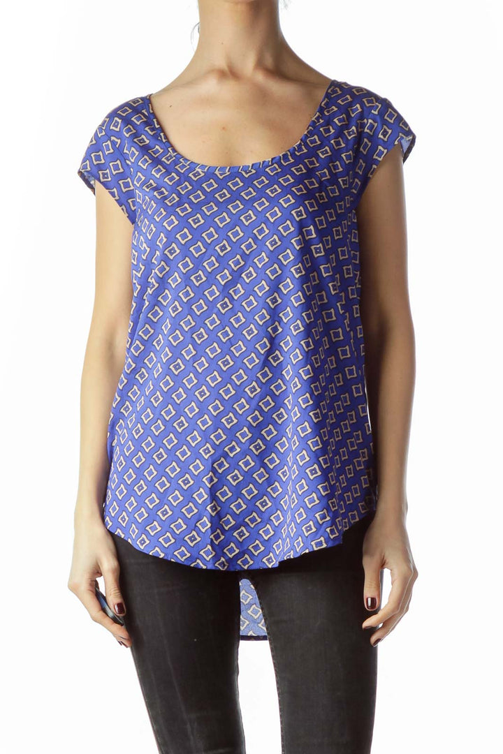 Royal Blue Beige Print Cap Sleeves Shift Top