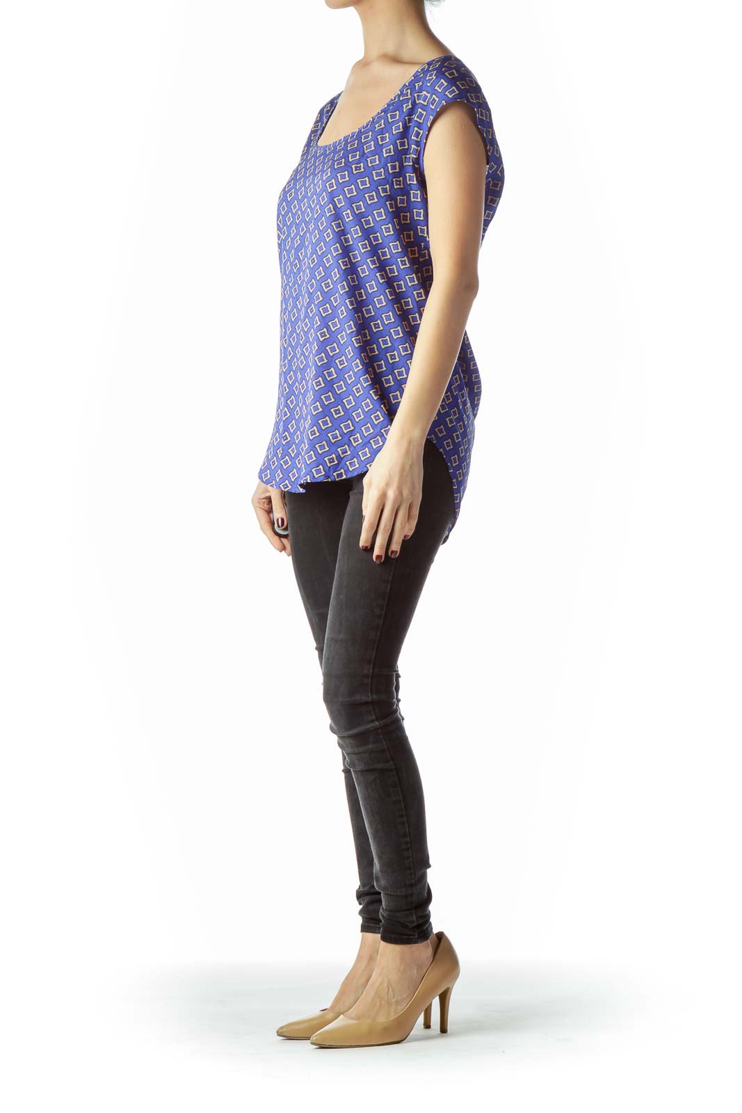 Royal Blue Beige Print Cap Sleeves Shift Top