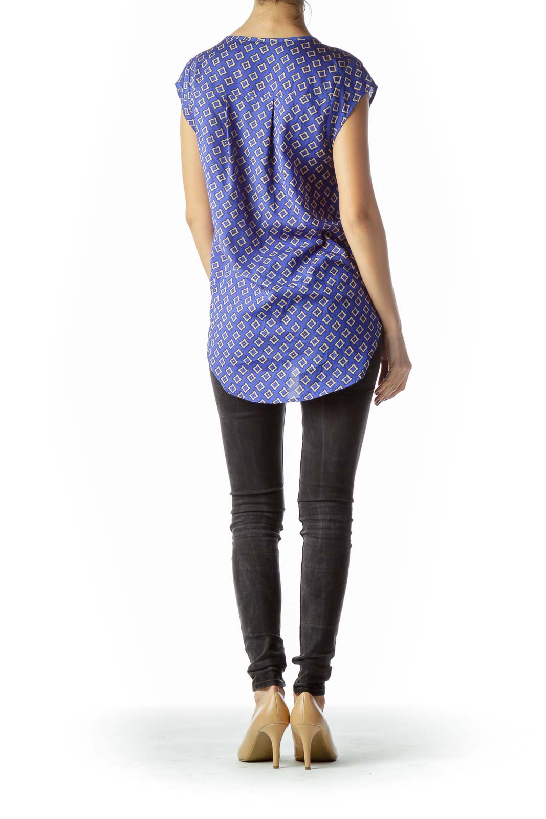 Royal Blue Beige Print Cap Sleeves Shift Top