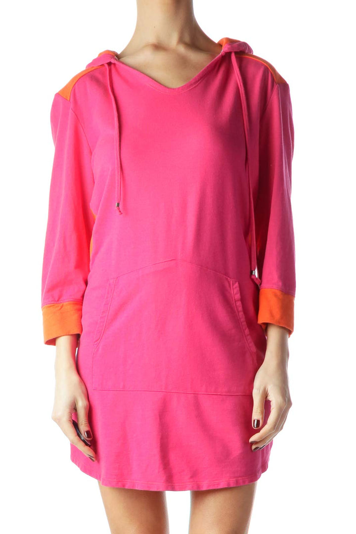 Pink Orange Color Block Pullover Hooded Dress