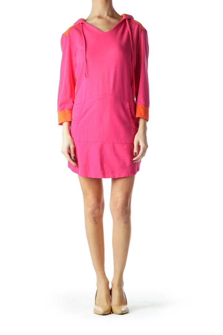 Pink Orange Color Block Pullover Hooded Dress