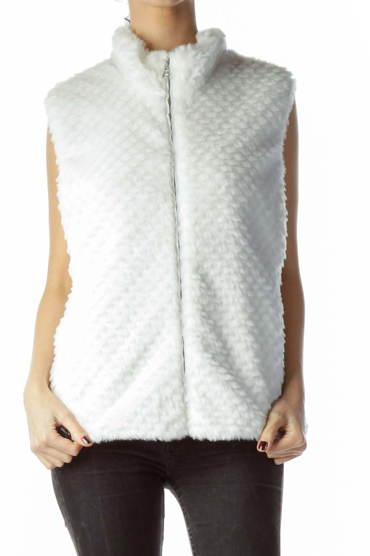 White Zippered Pocketed Faux-Fur Vest