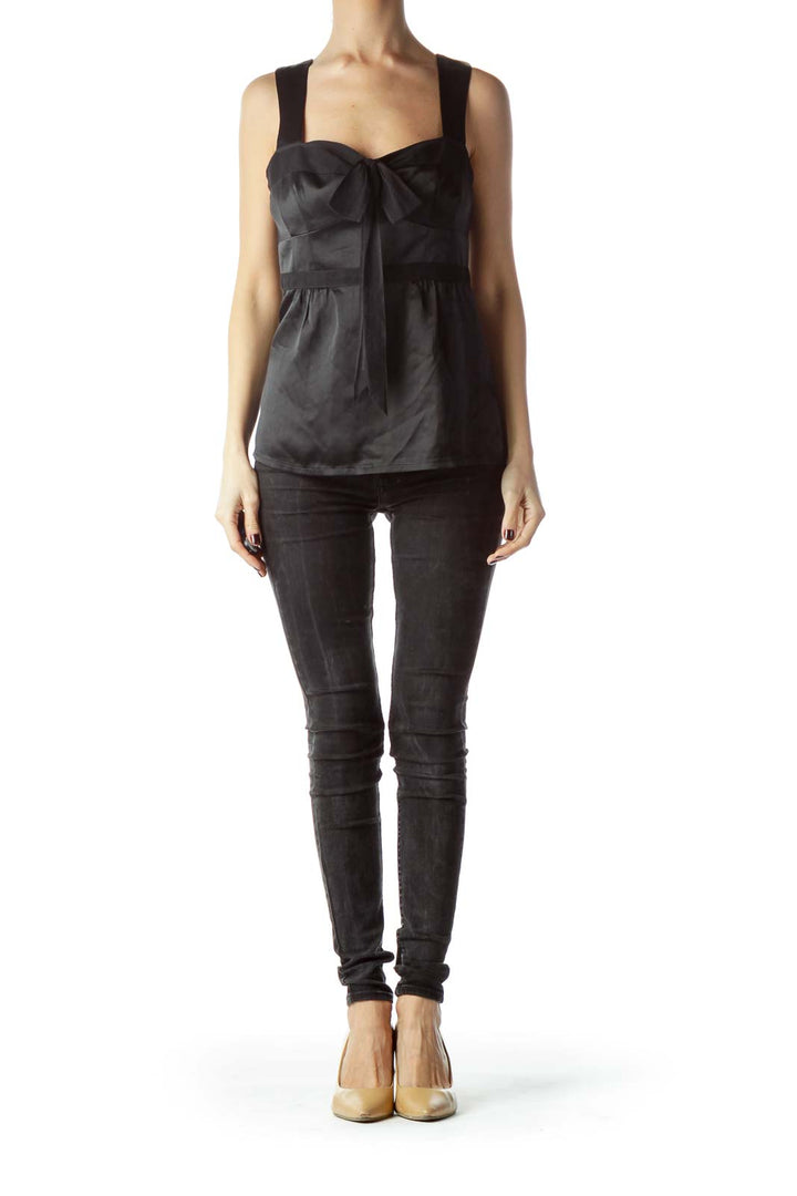 Black Front Bow Detail Sleeveless Silk Top