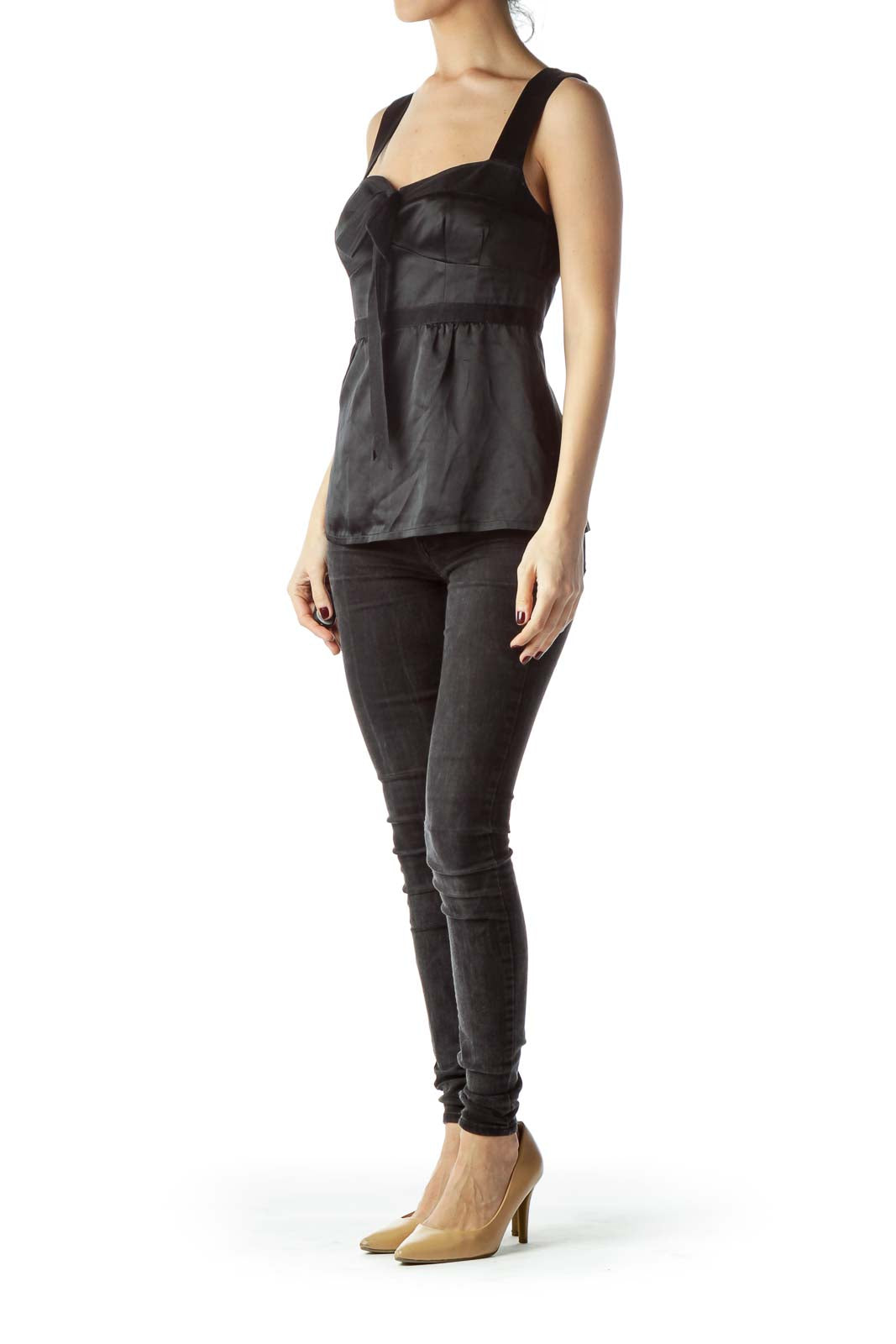 Black Front Bow Detail Sleeveless Silk Top