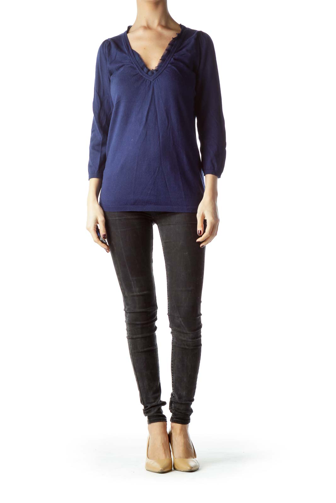 Navy Blue 100% Cotton Long Sleeve Knit Top