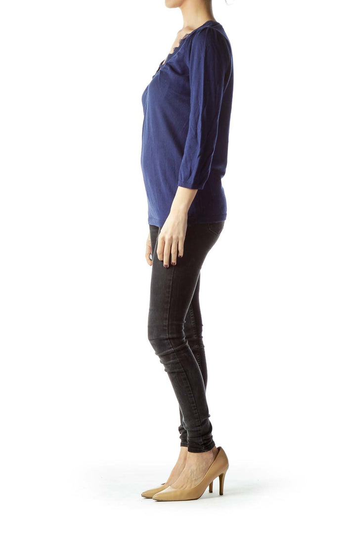 Navy Blue 100% Cotton Long Sleeve Knit Top