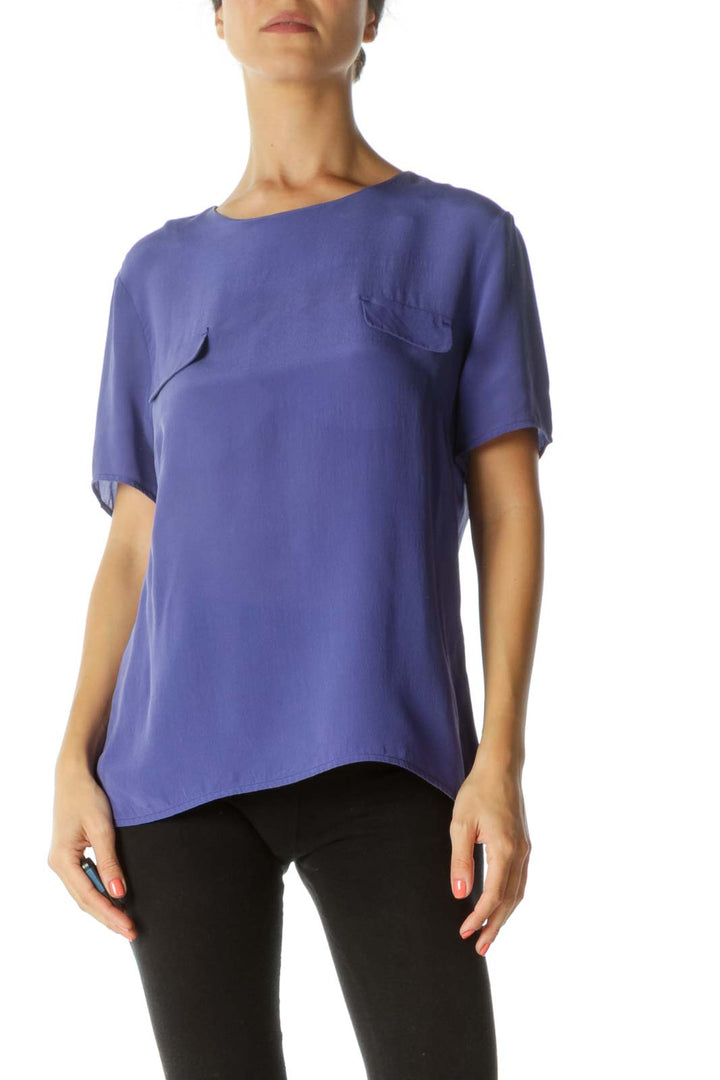 Blue Short Sleeve 100% Silk Blouse