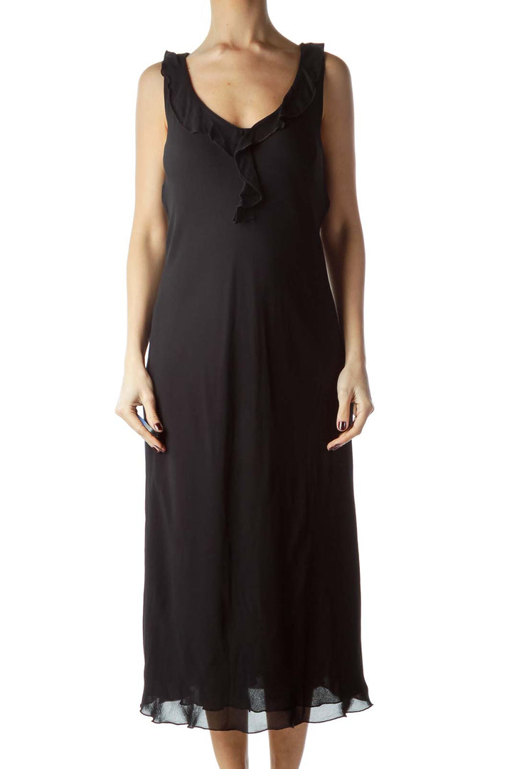 Black V-Neck Flared Neckline Shift Dress