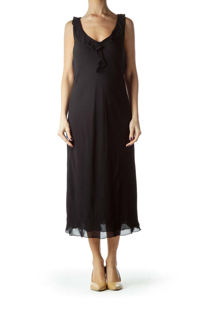 Black V-Neck Flared Neckline Shift Dress