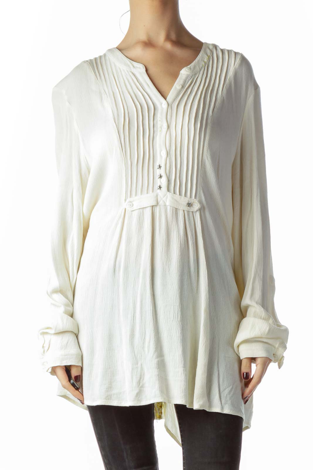 White pleated tunic top with belted waist from Free People, front view