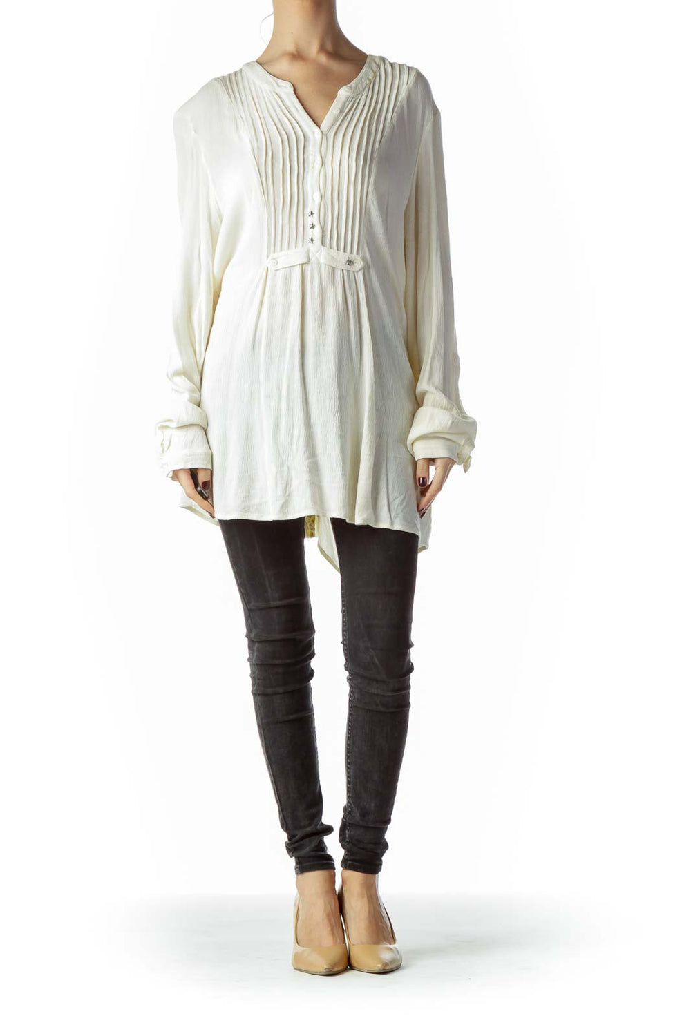 White pleated tunic top with belted waist from Free People, front view