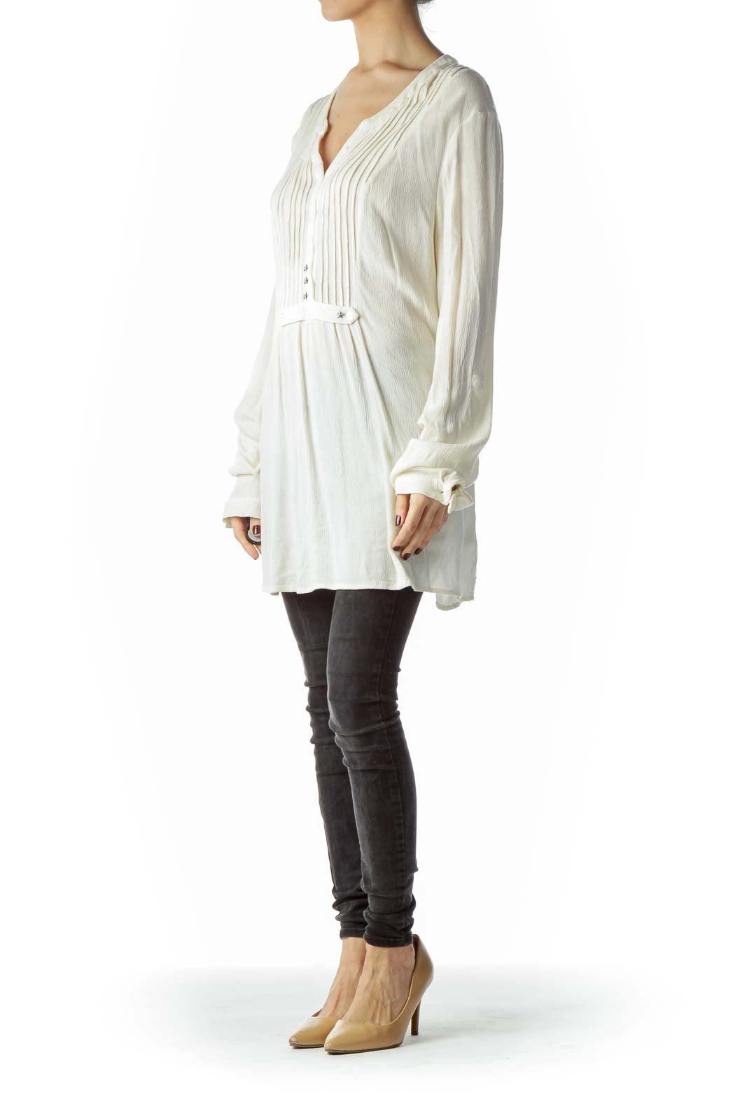 White pleated tunic top with belted waist from Free People, front view