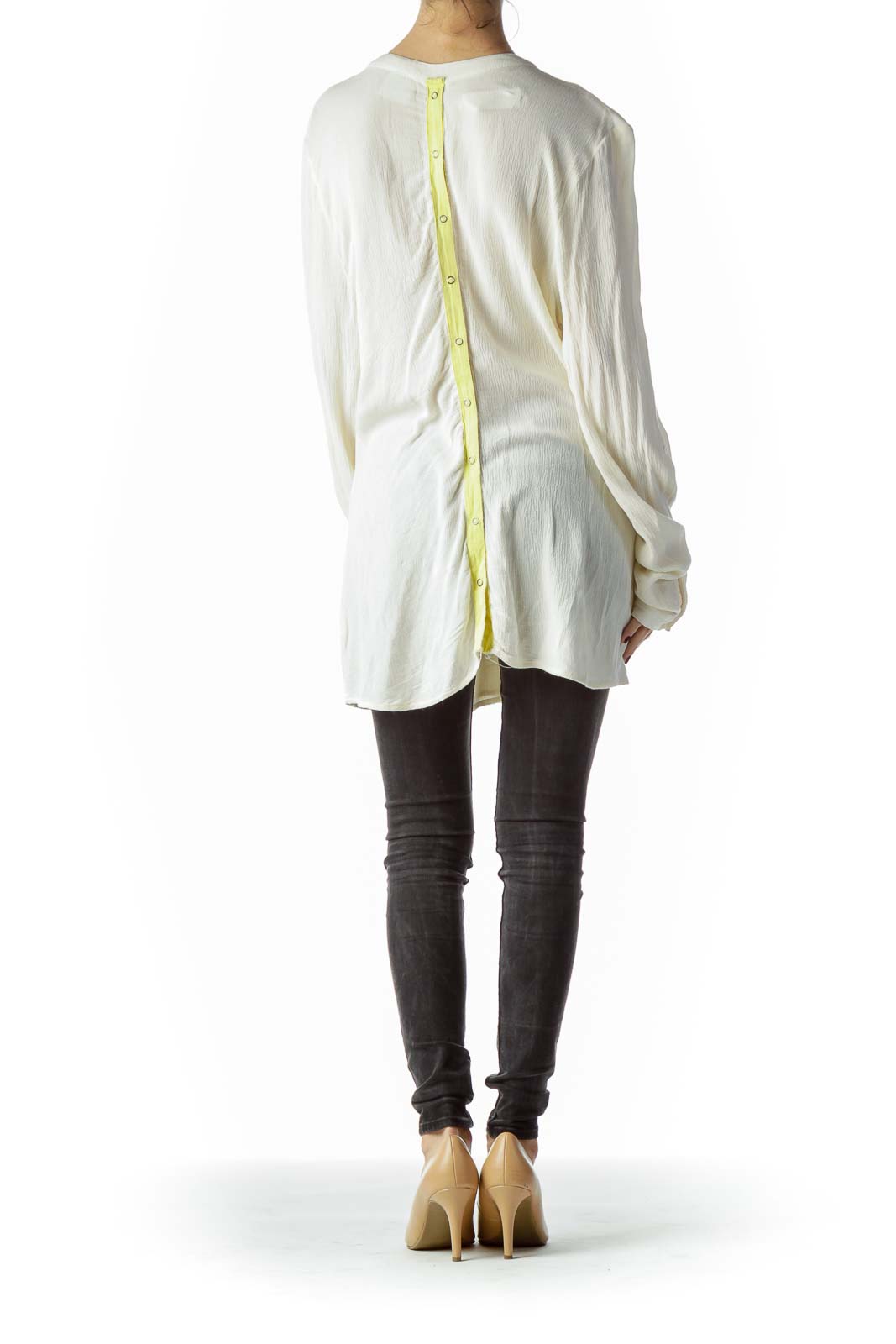 Back view of white Free People tunic top showing yellow button detail