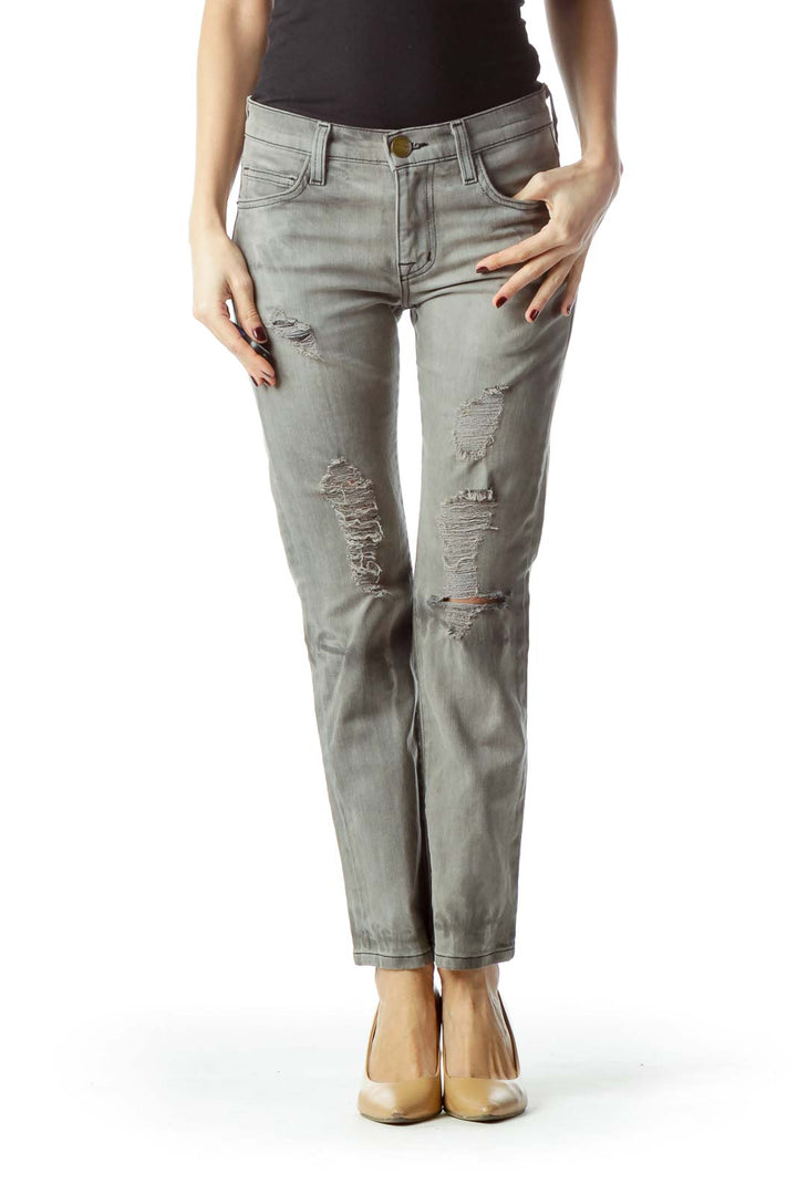 Gray Light-Wash Distressed Skinny Denim Jeans