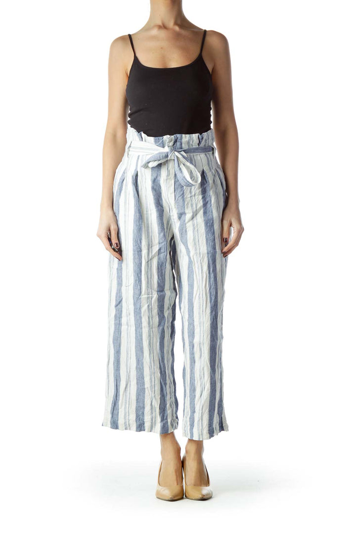 Blue White Striped High-Waisted Belted Pants