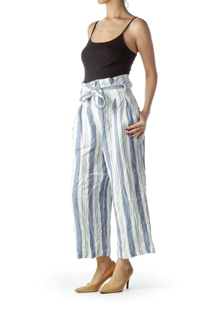 Blue White Striped High-Waisted Belted Pants