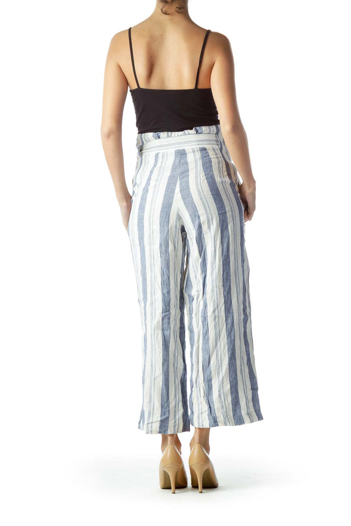 Blue White Striped High-Waisted Belted Pants